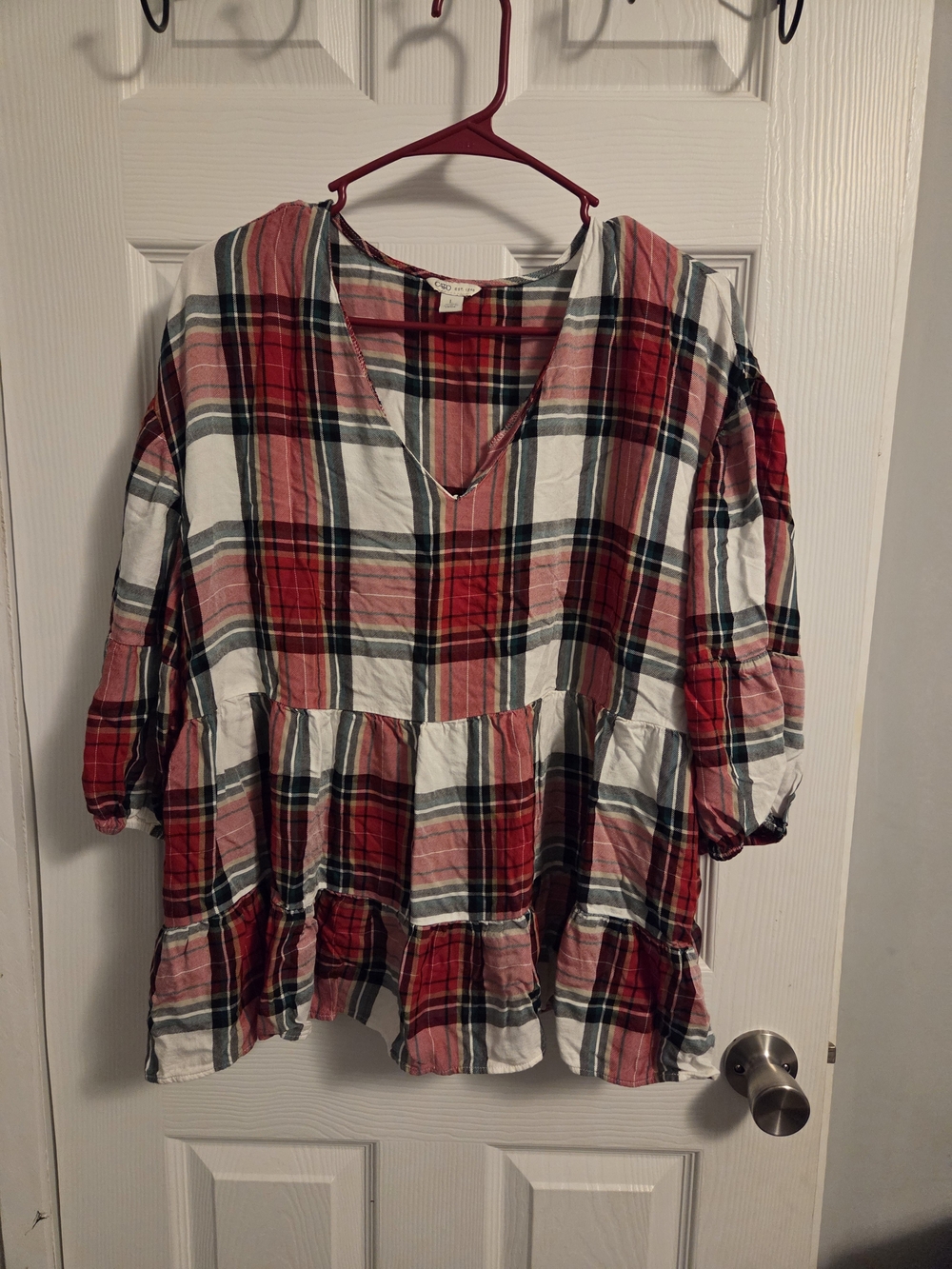 Cato Red Plaid Tiered V-Neck Tunic
